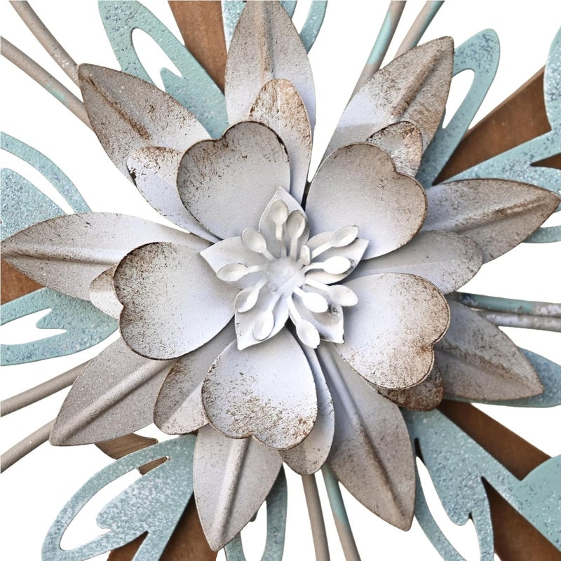 Remenna Metal Flowers Wall Decor, Rustic Floral Art, White & Blue, Farmhouse Hanging Decoration for Living Room, Bathroom, Garden - Image 2